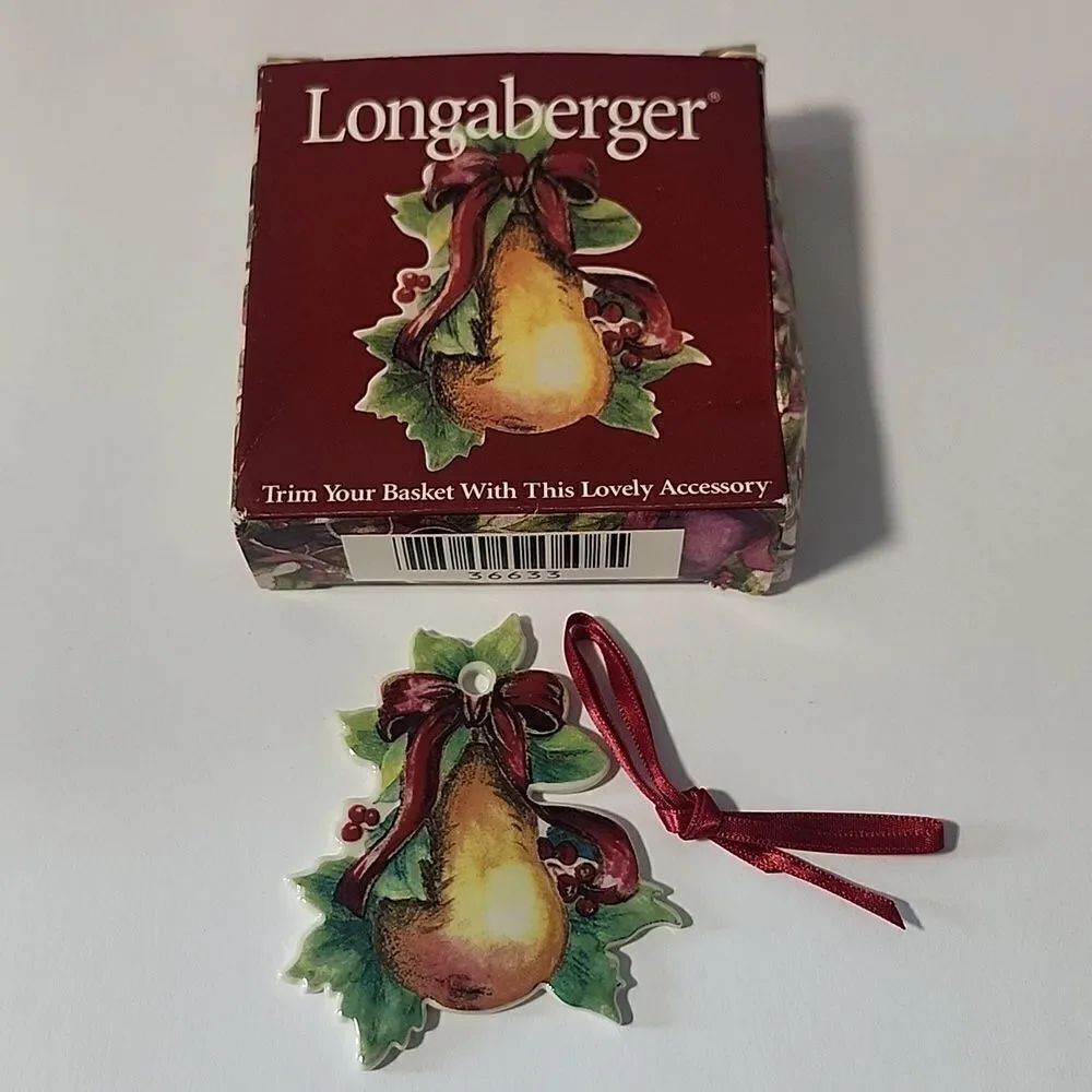Longaberger 2000 Pear Twelve Days of Christmas Pottery Basket Tie On+Ribbon Box